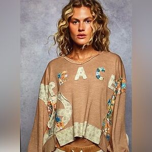 POL Patchwork Peace Sign and Lettering Top